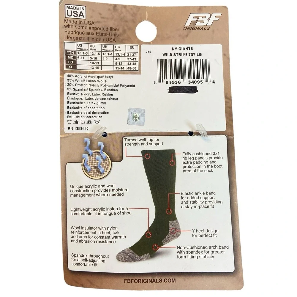 NY‎ Giants Wild Stripe Trekker 2 Wool Socks Size Large 10-13 New